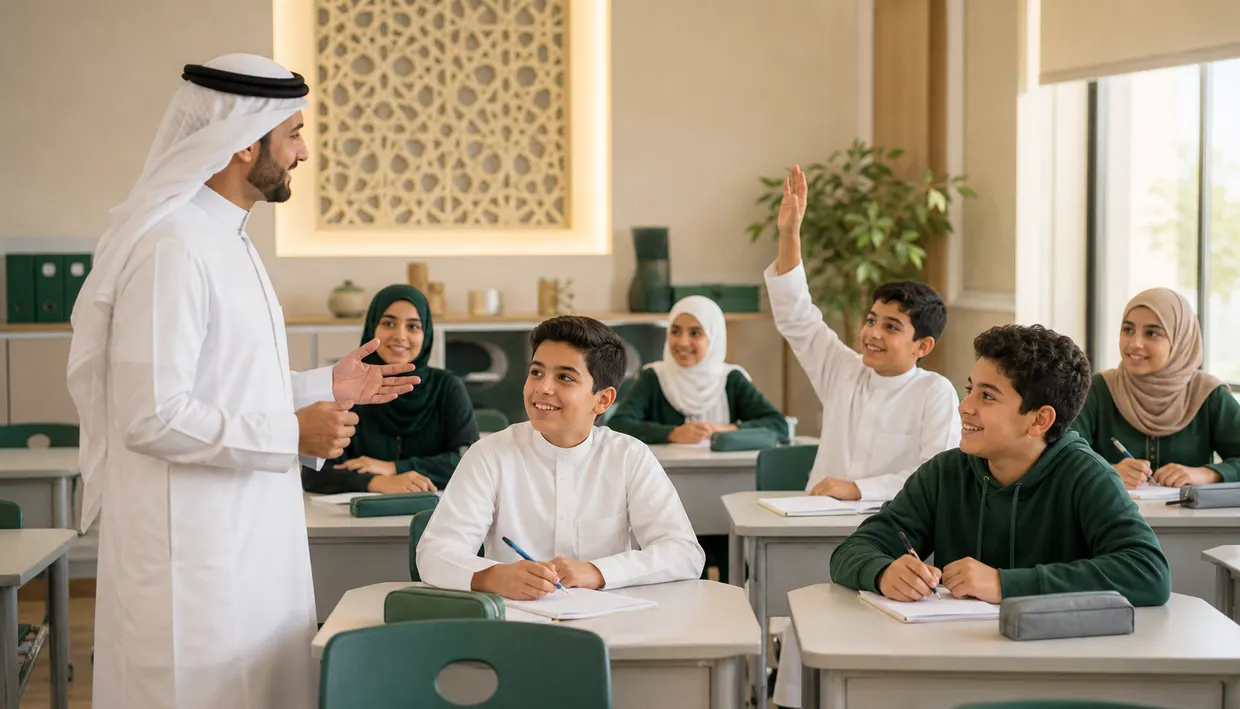 معلم وطلاب في صف عربي يشاركون في نشاط تعليمي مريح